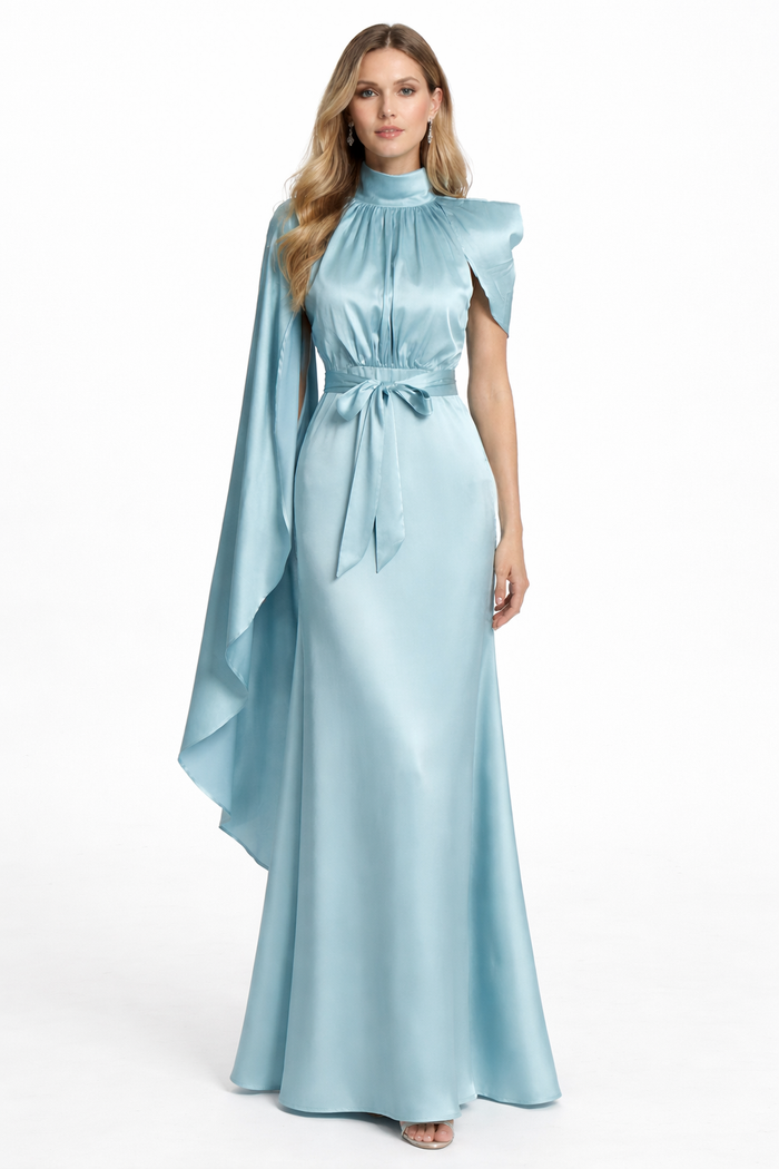 one-shoulder satin cape maxi dress with high neckline – AURORA