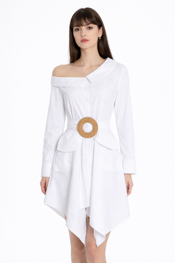 one-shoulder shirt dress with statement belt – ICON