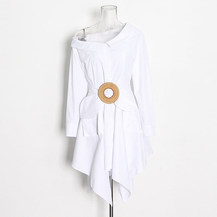 one-shoulder shirt dress with statement belt – ICON