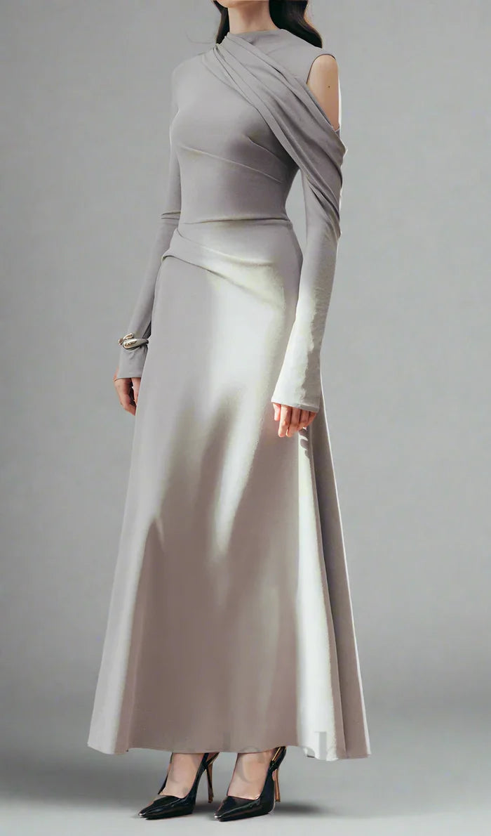 one-sleeve draped satin dress with cut-out shoulder - Magena-1