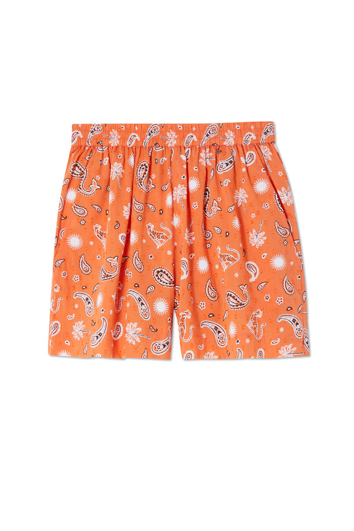 Orange cotton Elissa Short featuring white paisley and leopard palm prints with an elasticated waistband.
