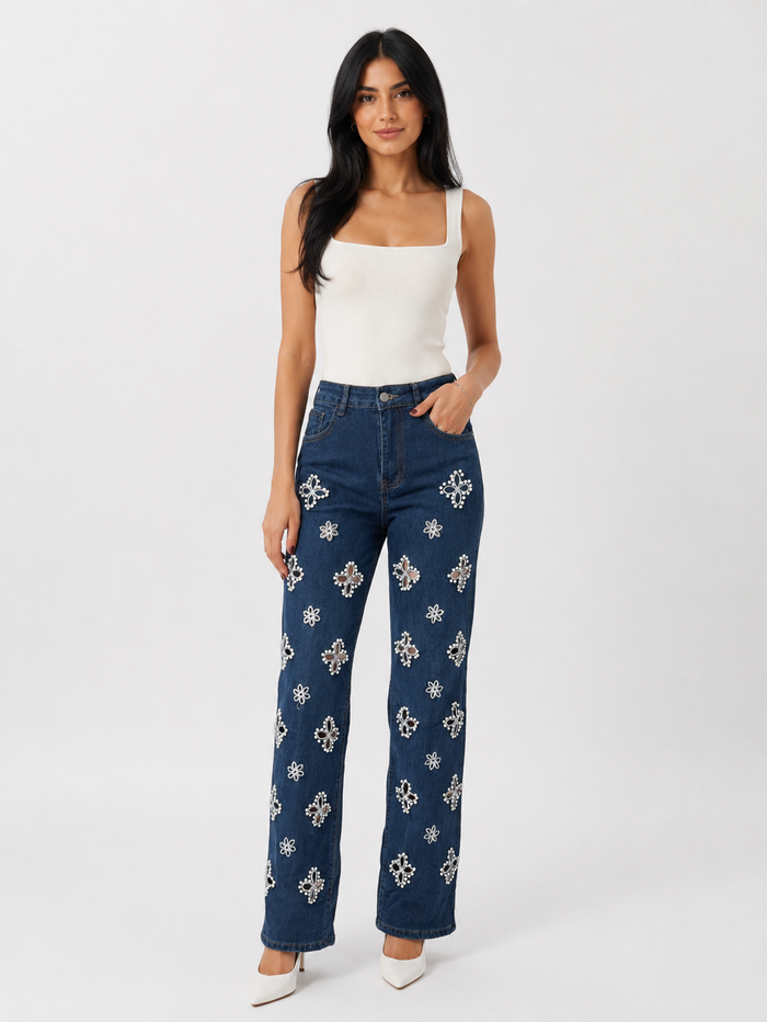 Pearl Embellished Floral Cutout Jeans - Glam