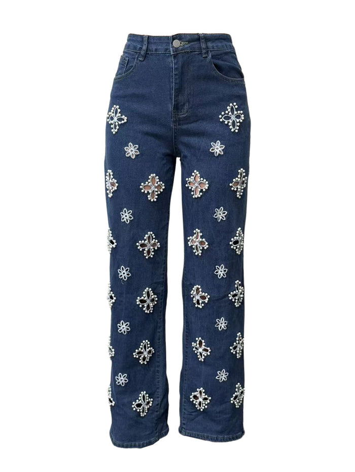 Pearl Embellished Floral Cutout Jeans - Glam