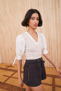 Oatmeal Ribbed Cotton Pia Top with White Poplin Balloon Sleeves - Front View | Ulla Johnson