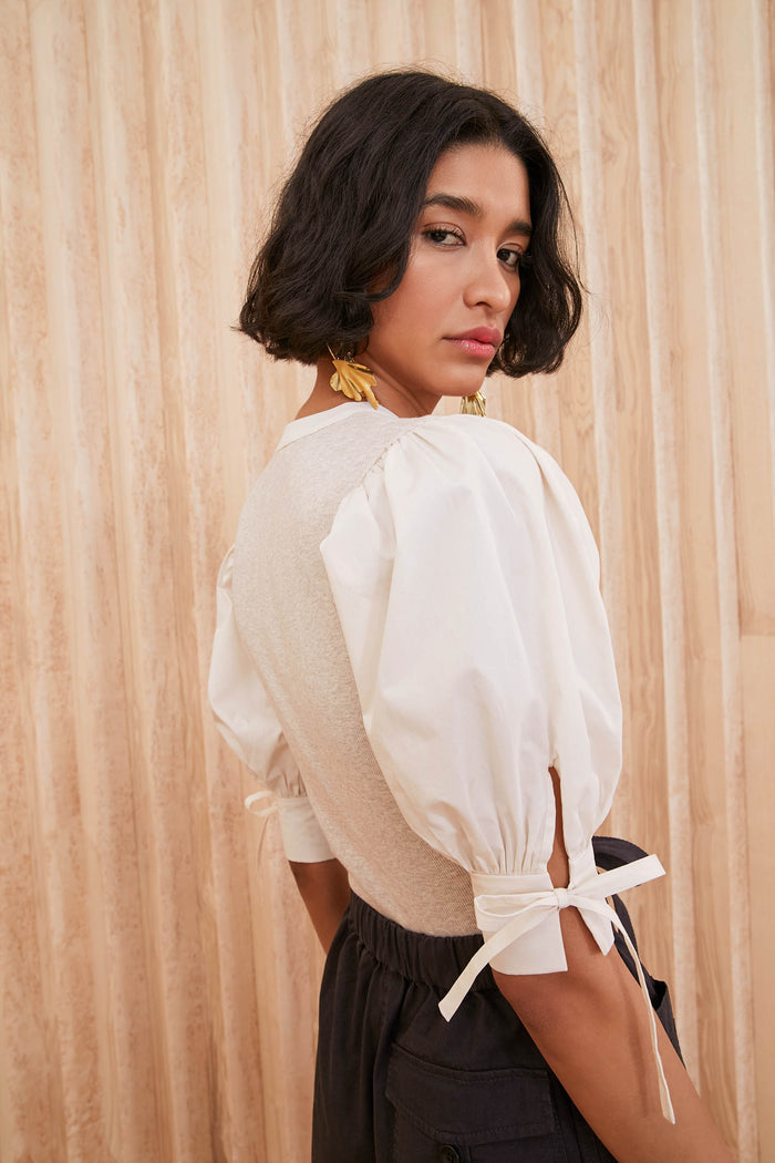 Oatmeal Designer Puff Sleeve Cotton Top - Back View with Tie Cuff Detail | Ulla Johnson