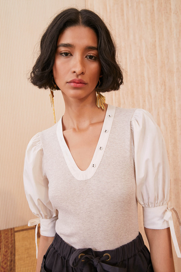 Oatmeal Designer Cotton Pia Top - Front Close-Up V-Neckline On Model | Ulla Johnson