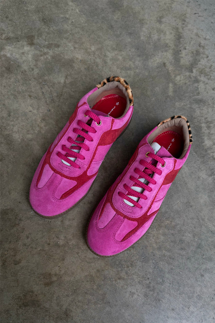 Pink and Red Leather Trainers featuring suede overlays and leopard print heel tabs in a sleek silhouette.