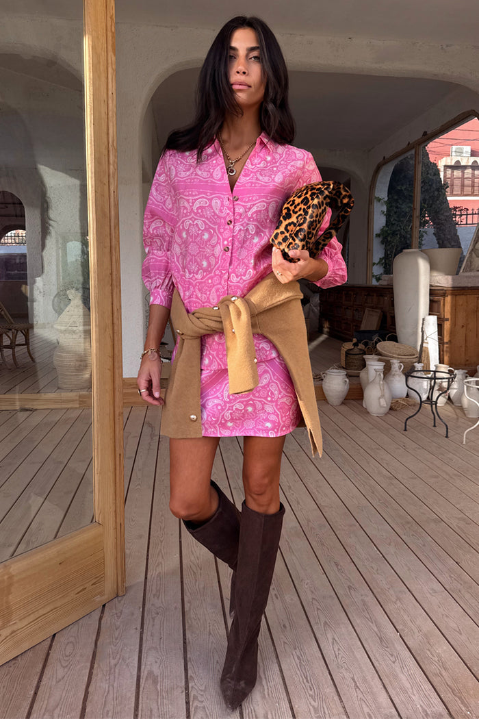 Pink Bandana Mini Dorris Skirt and matching shirt co-ord styled with a leopard print clutch and tall brown boots.