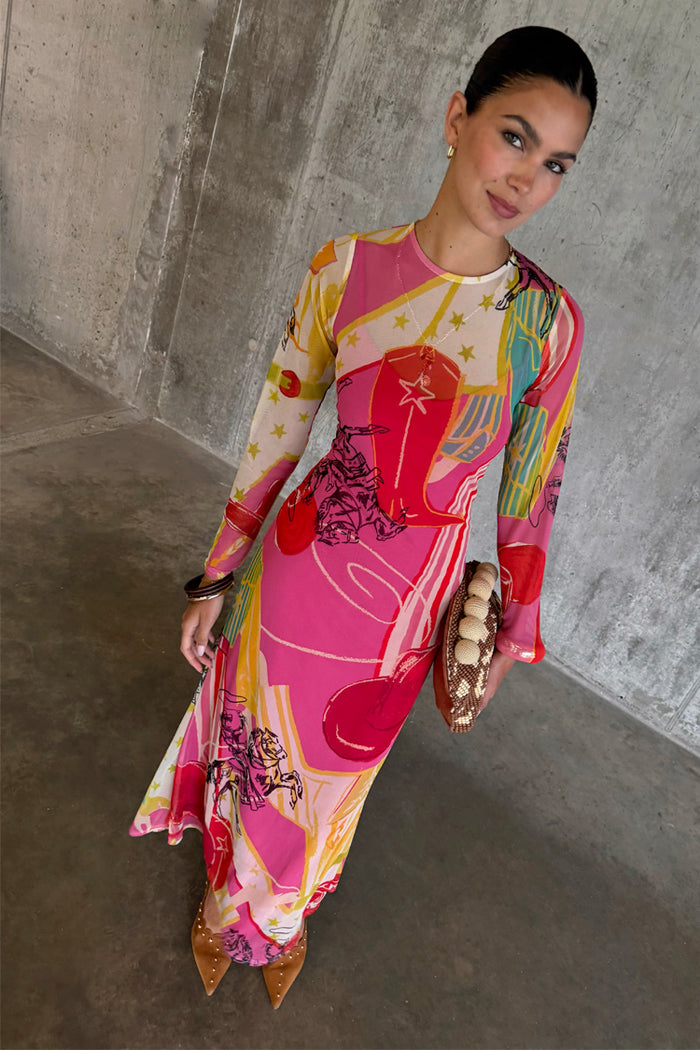 Pink Dallas Mesh Midaxi Dress featuring abstract cowboy motifs and long sleeves.