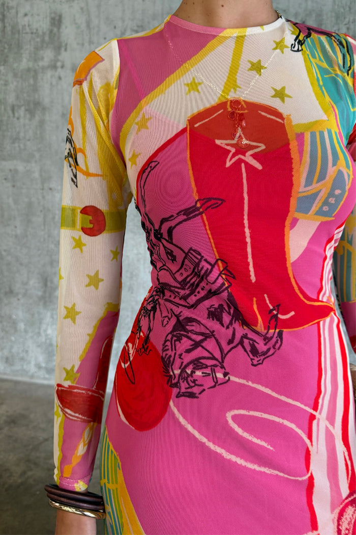 Pink Dallas Mesh Dress featuring in-house designed cowboy motifs and stars in a sheer mesh fabric.