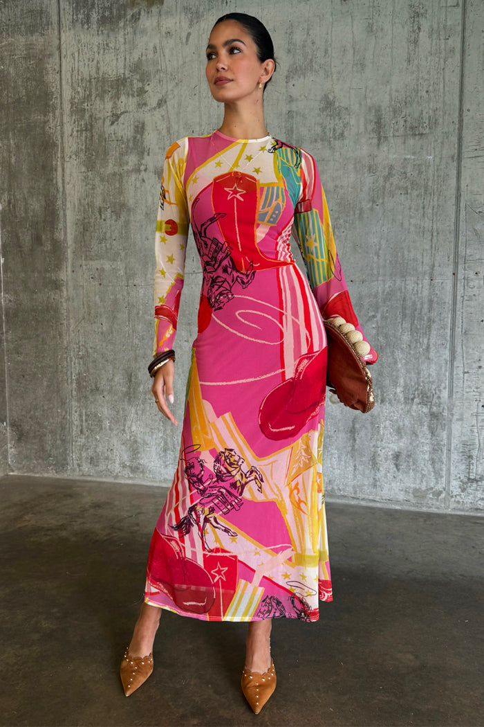 Pink Dallas Mesh Dress featuring abstract western cowboy motifs and long sleeves in a midaxi length, designed in London.