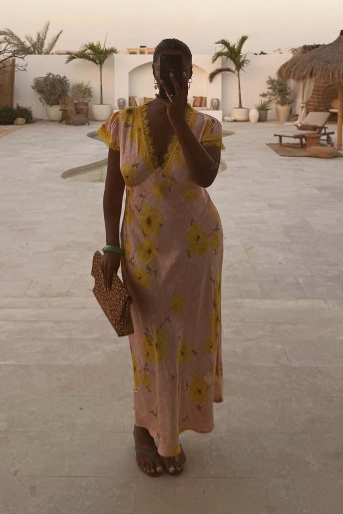 Pink Fawn Poppy Olivia midaxi dress with yellow lace trim and deer print, highlighting inclusive sizing.