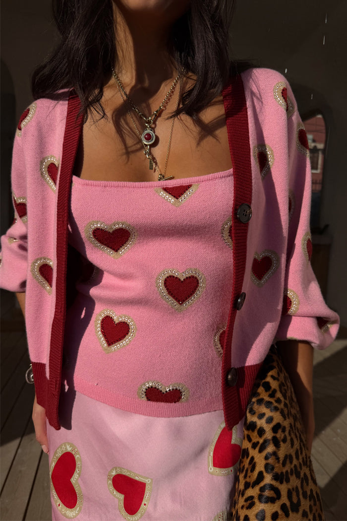Pink Hearts Knit Tank with a red heart print, styled as a co-ord with the matching cardigan and leopard print bag.