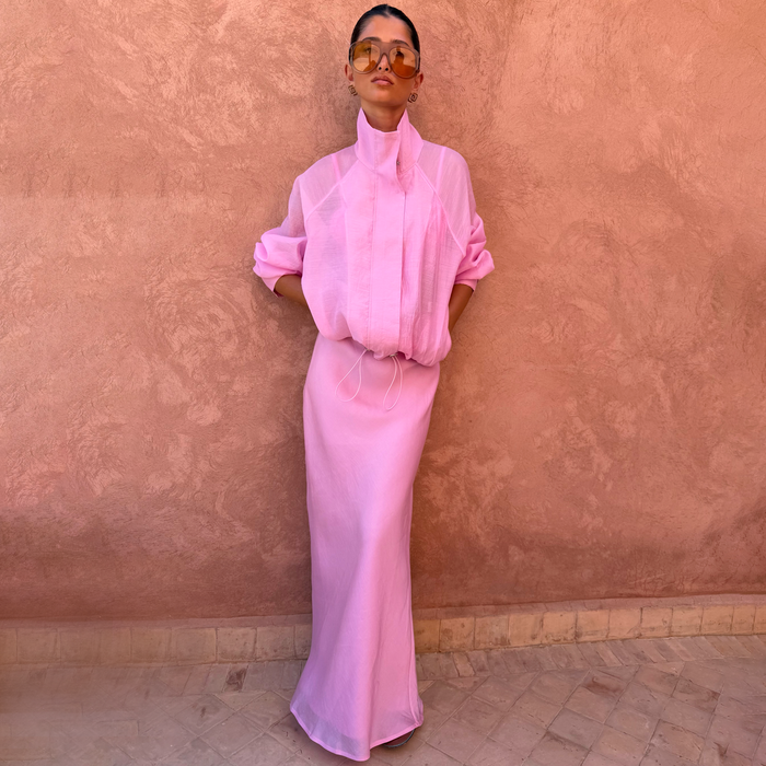 Pink Organza Funnel Jacket in sheer fabric with a high collar and drawstring hem, styled as a tonal pink co-ord.