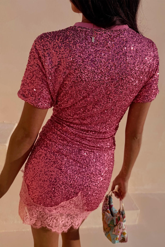 Pink Sequin T-Shirt with a relaxed fit and short sleeves, shown from the back with a ribbed neckline.