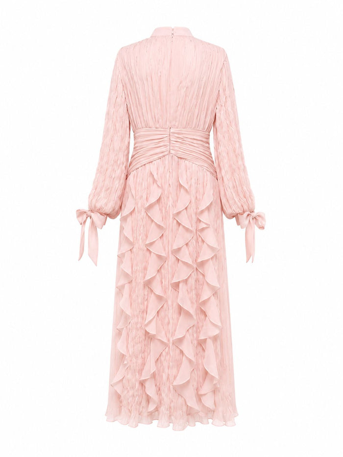 pleated chiffon ruffle maxi dress with ruched waist – RAYA
