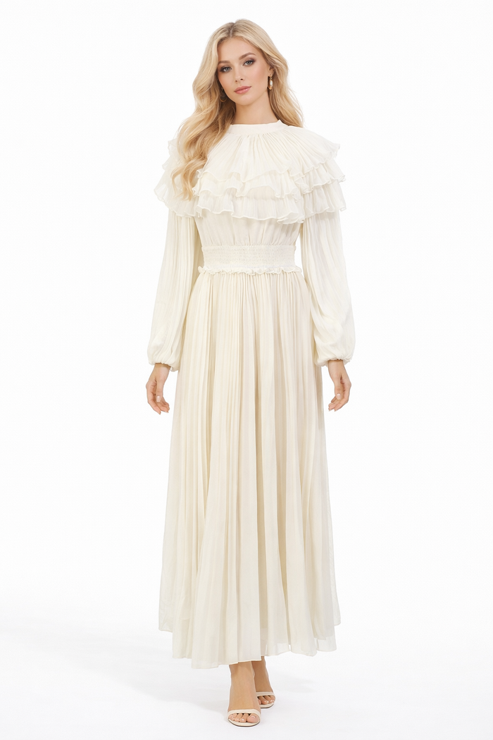 pleated ruffle collar long sleeve maxi dress – LUMIÈRE