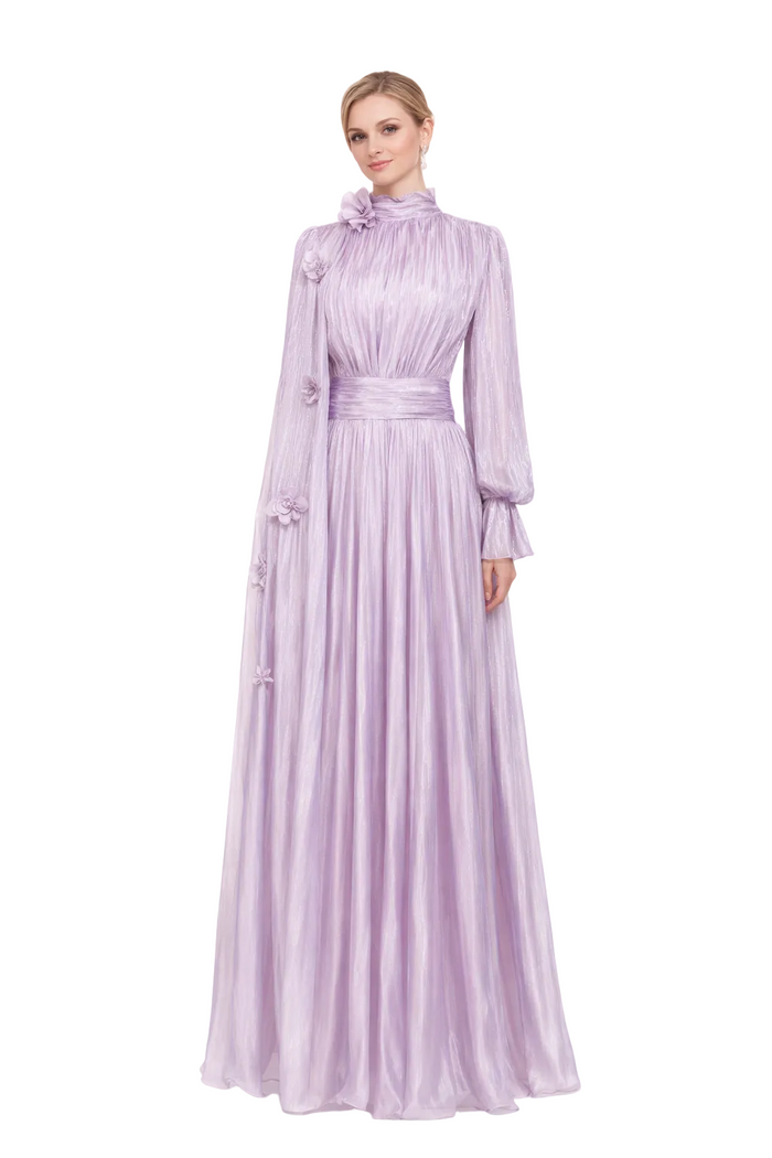 pleated satin maxi dress with draped shoulder cape – SERAPHINA