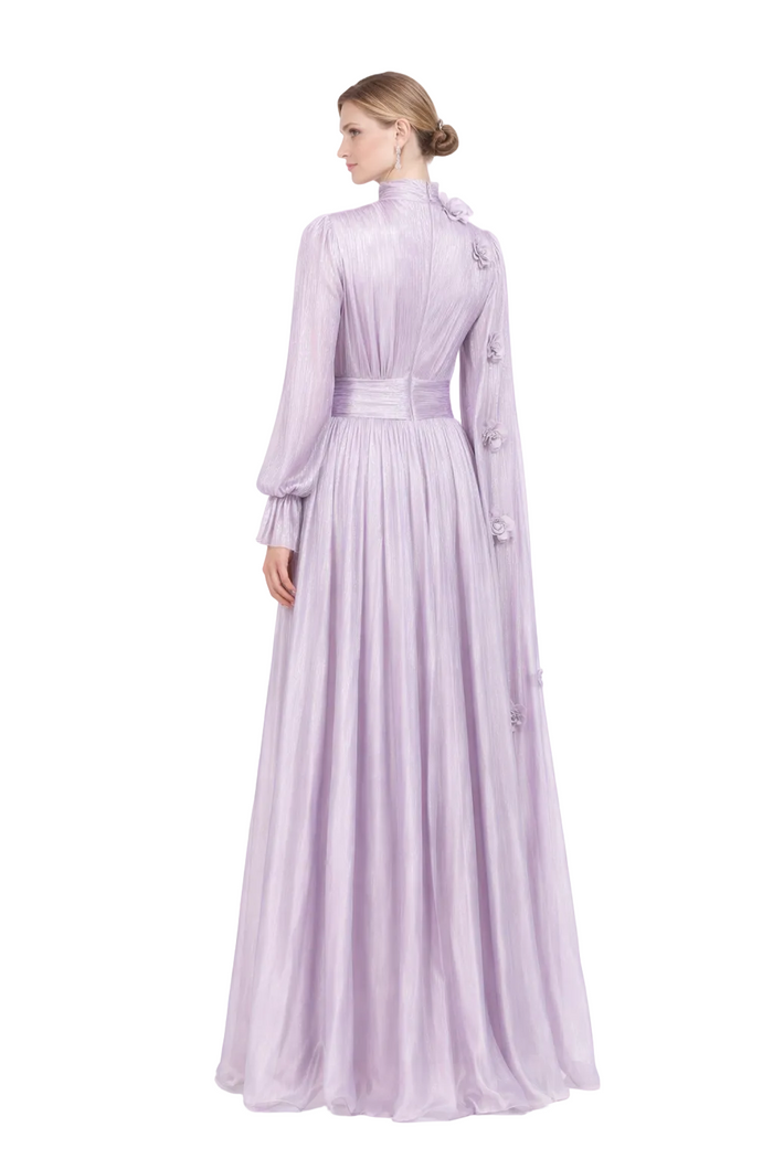 pleated satin maxi dress with draped shoulder cape – SERAPHINA