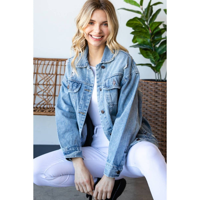 Plus Size Med Wash Distressed Classic Denim Jacket