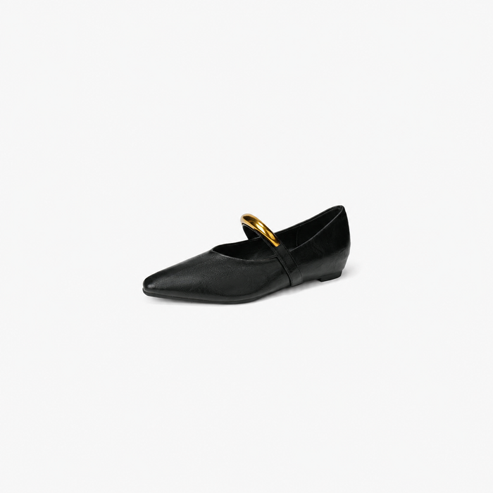 pointed toe flat shoe with gold metal strap detail – NOIR