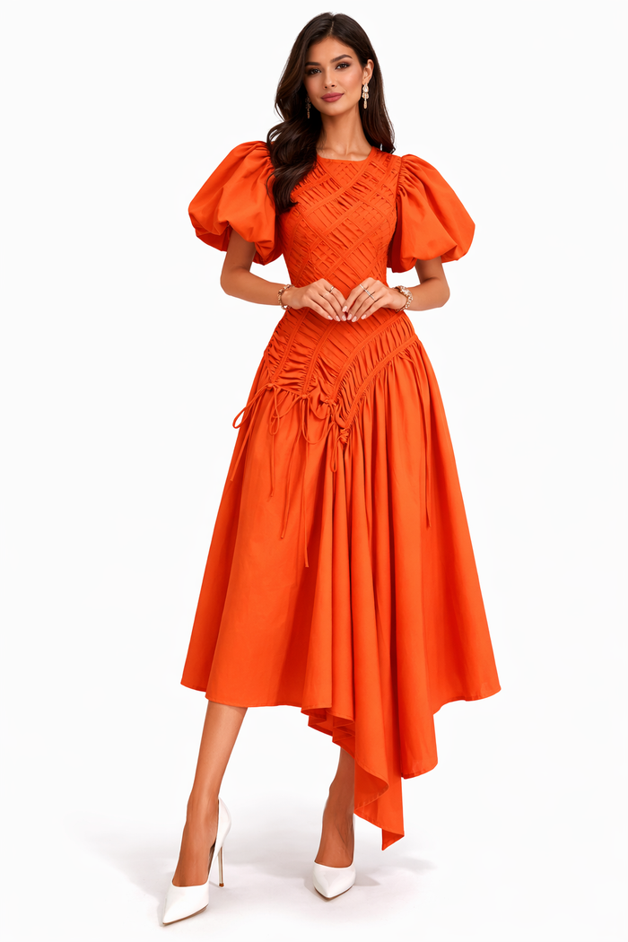 puff sleeve ruched asymmetric midi dress – GRACE