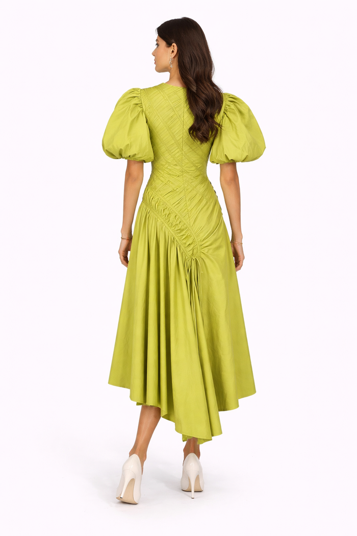 puff sleeve ruched asymmetric midi dress – GRACE