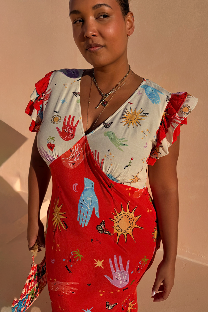 Red Celestial Midi Dress Petite in soft viscose with a V-neck blouson top, ruffled sleeves, and celestial print.