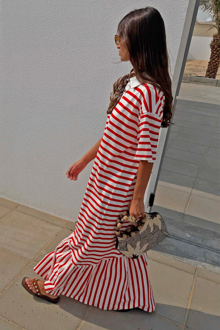 Red Stripe Jersey Dress in cotton featuring a bold red and white print and an asymmetric gathered skirt.