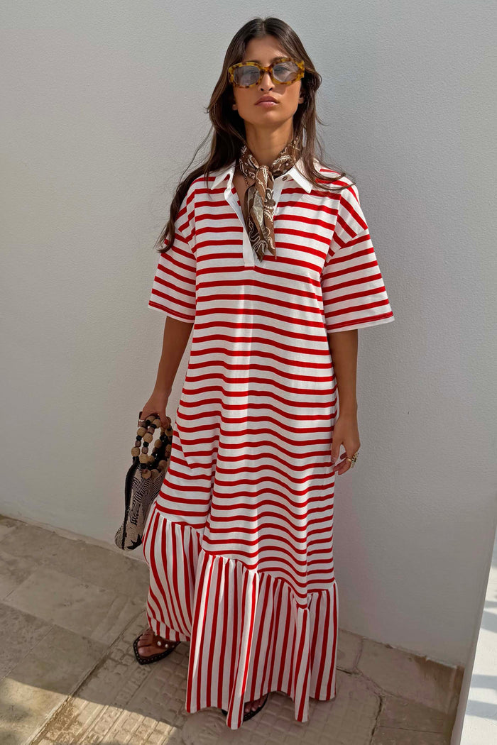 Red Stripe Jersey Dress in cotton with a button neckline and asymmetric gathered skirt on a model.