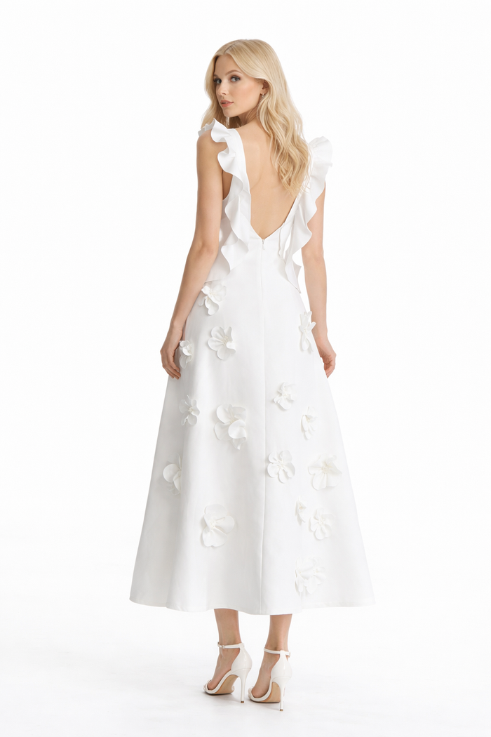 ruffle sleeve floral appliqué midi dress – PETAL