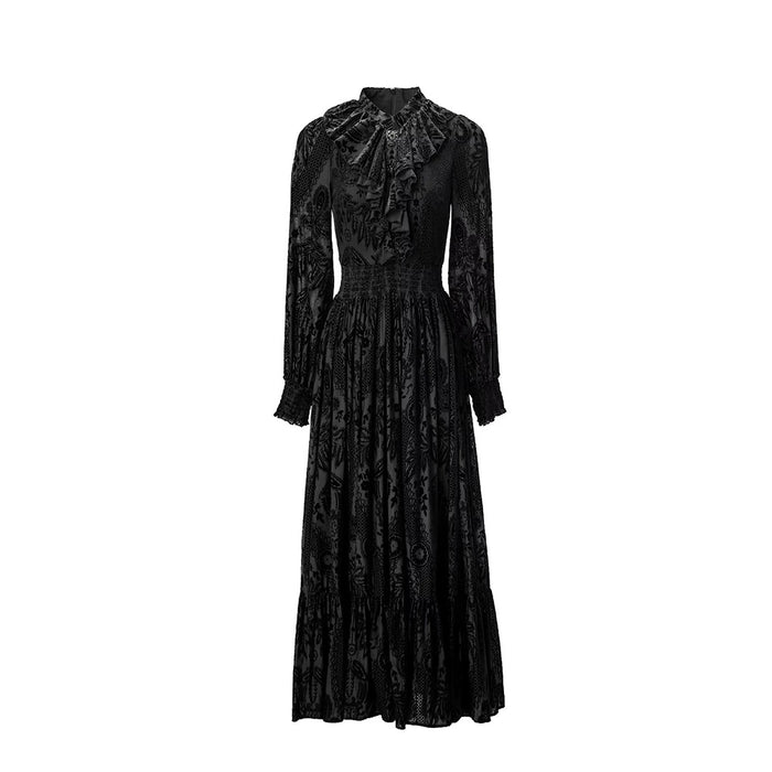 Ruffled High-Neck Printed Maxi Dress with Smocked Waist – AMBERLY