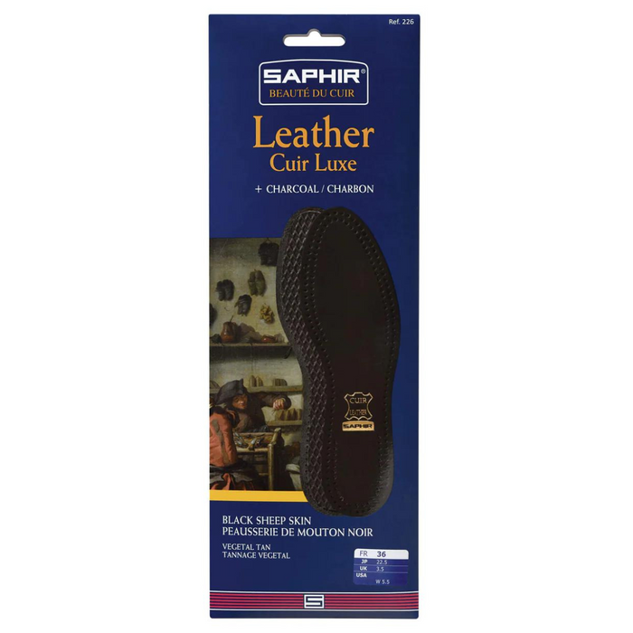 Packaging of Saphir black leather insoles with a classic round toe fit, showing the insole itself and brand logo.