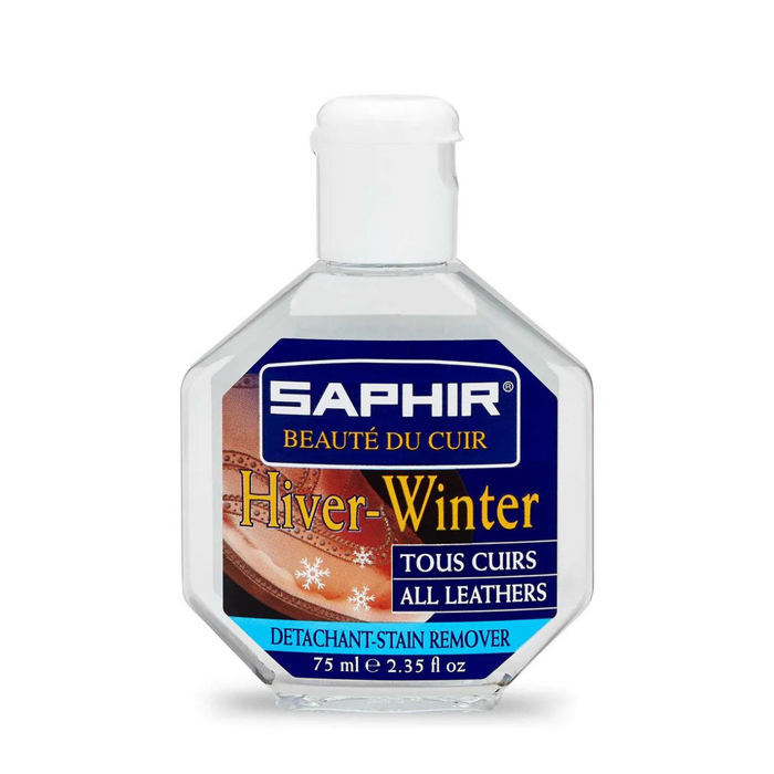 A bottle of Saphir Hiver Salt Stain Remover for leather care.