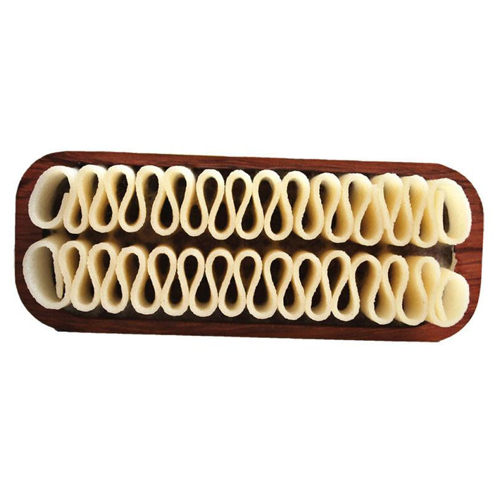 A crepe suede brush with a beige bristle head and a brown exotic wood handle.
