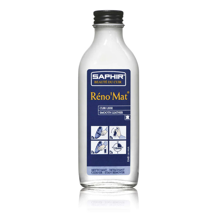 A product packaging box for Saphir RENOMAT, with a white background and an image of a leather surface treated with a product from the brand Saphir.
