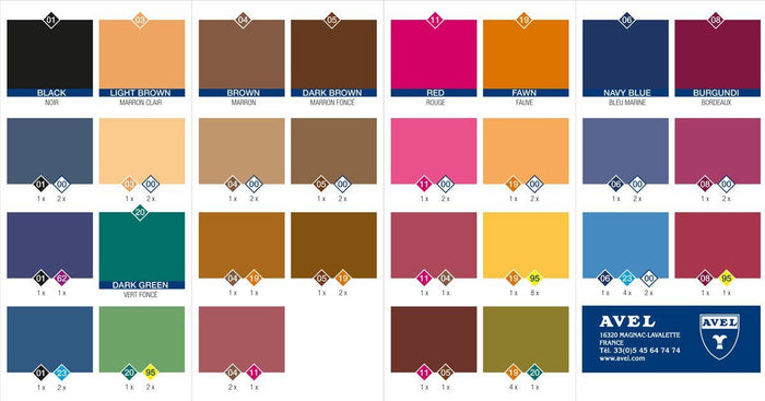 A colour chart of Saphir Teinture Francaise dye for leather