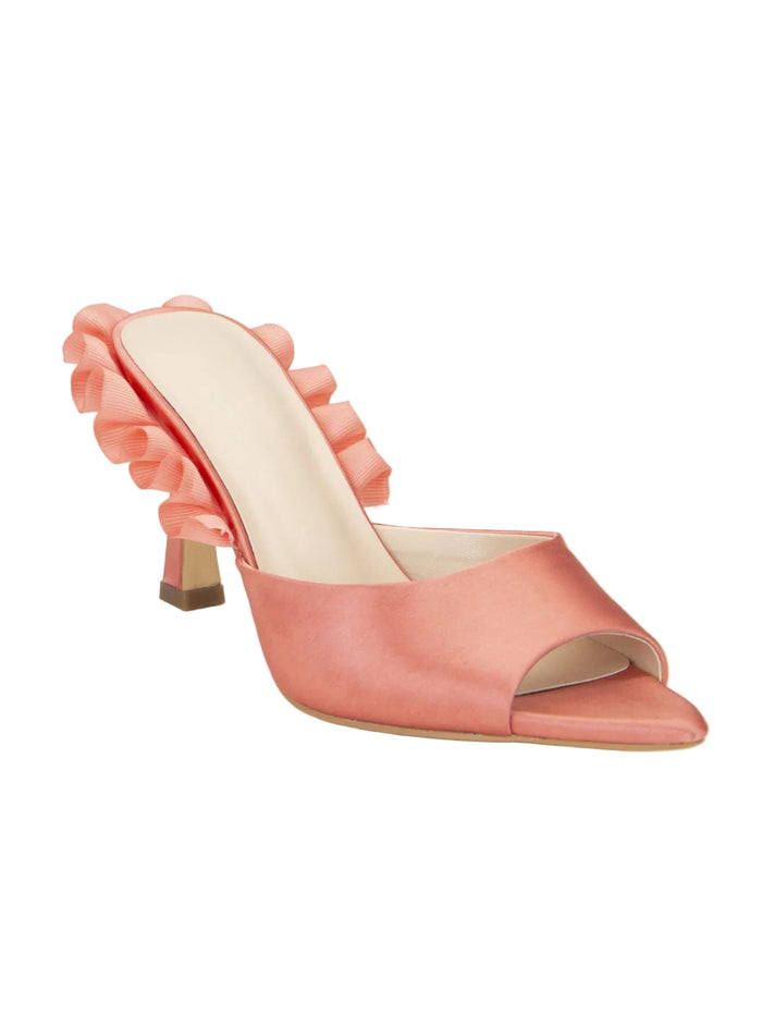 satin open-toe mule with ruffled strap detail – CORAL