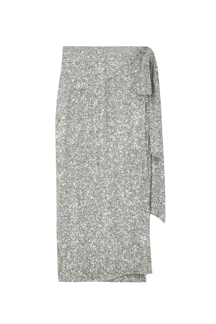 Silver Sequin Maxi Wrap Jaspre Skirt featuring an adjustable tie waist for multi-wear styling.
