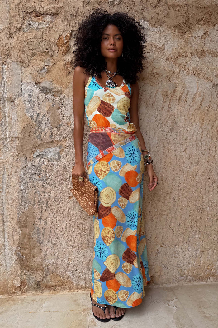 Shell Ribbed Skirt featuring a blue hand-painted shell print, paired with a matching tank top on a model.