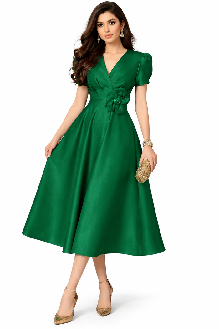 short sleeve A-line midi dress with floral waist detail – RUBY