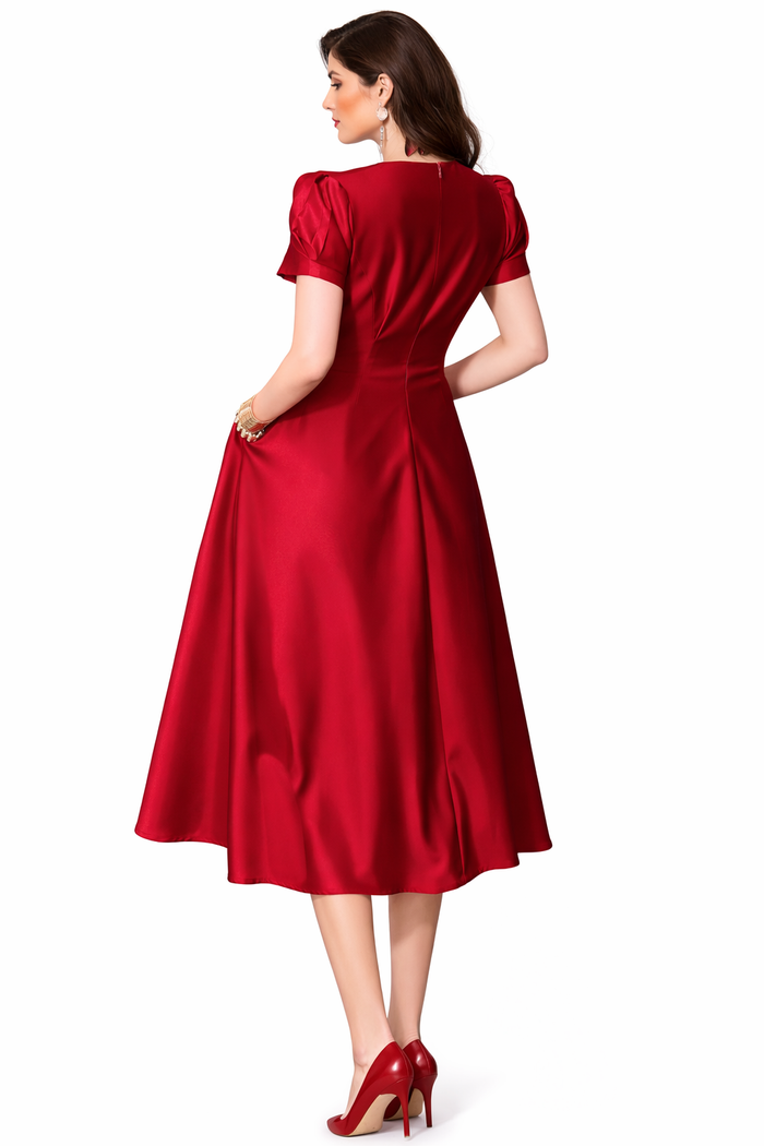 short sleeve A-line midi dress with floral waist detail – RUBY