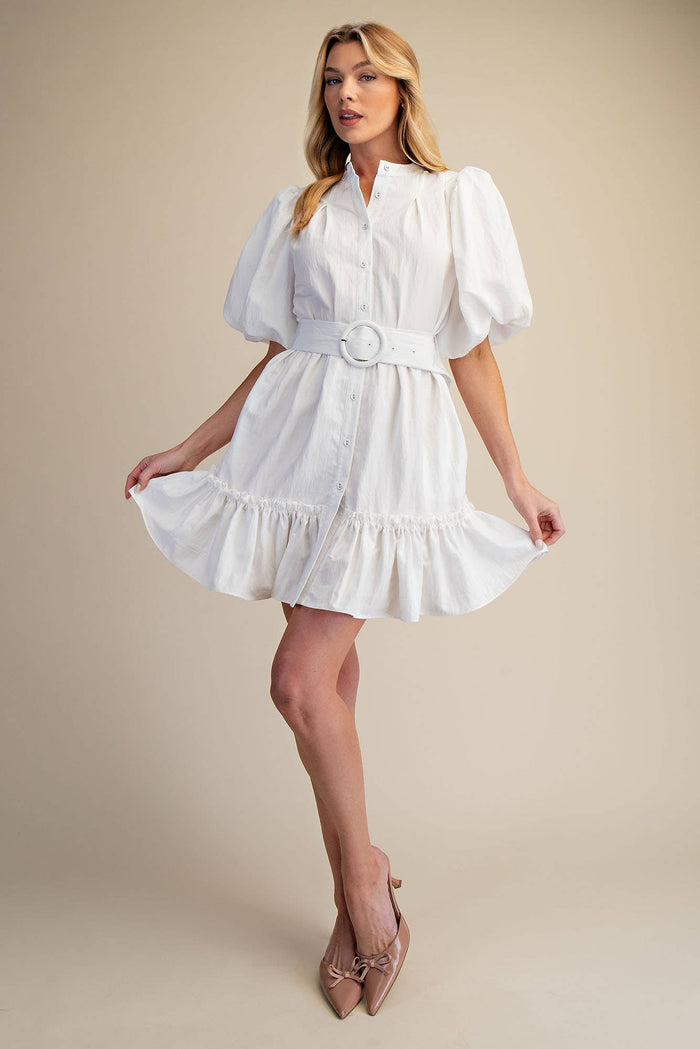 Short-Sleeve Button-Front Belted Mini Dress