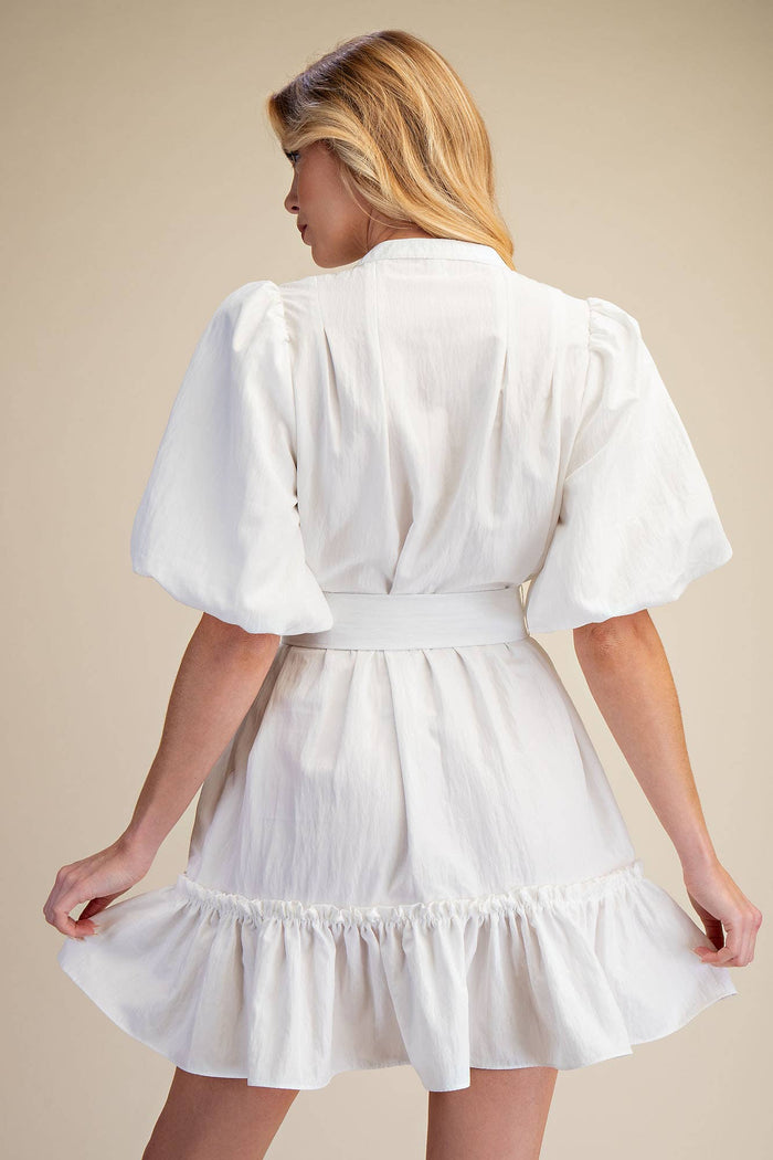 Short-Sleeve Button-Front Belted Mini Dress