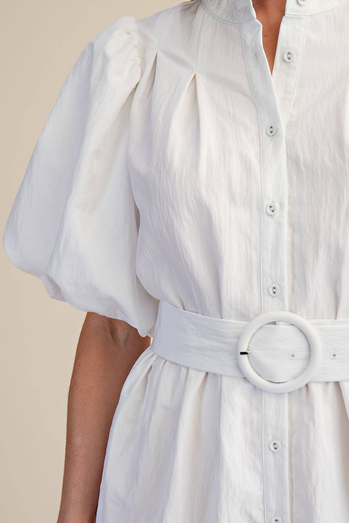 Short-Sleeve Button-Front Belted Mini Dress