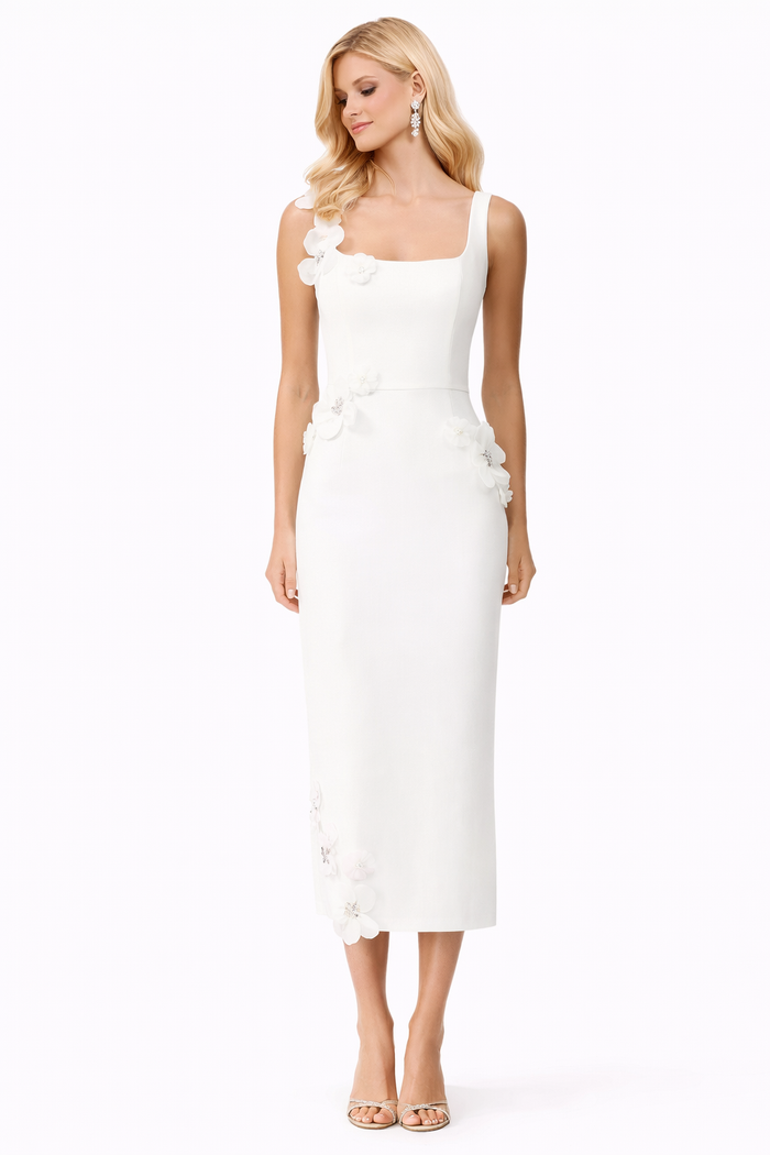 sleeveless square-neck midi dress with floral appliqué – PETAL