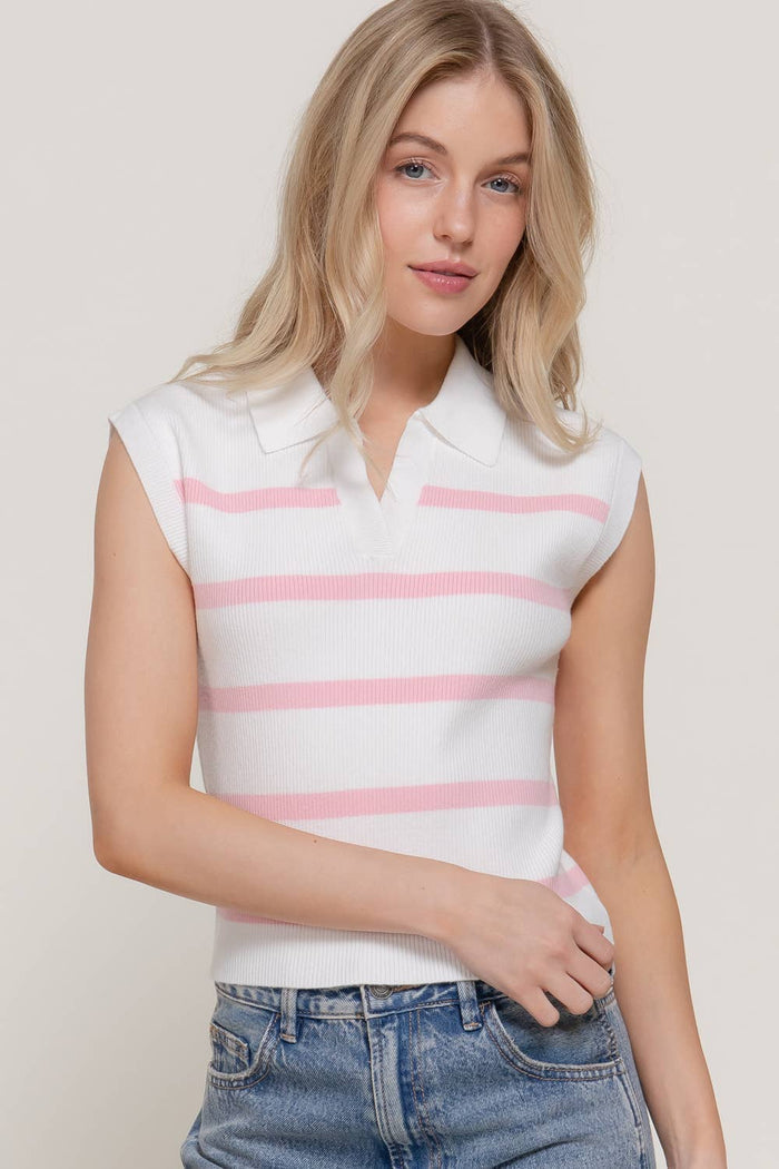 Sleeveless Stripe Polo Spring Sweater