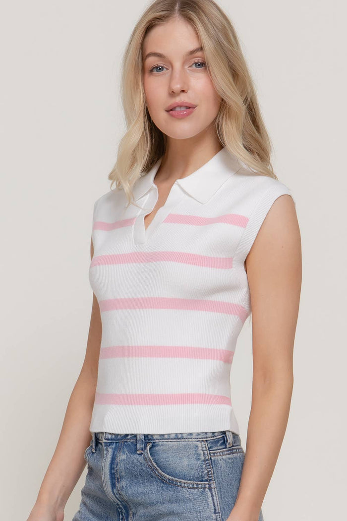 Sleeveless Stripe Polo Spring Sweater
