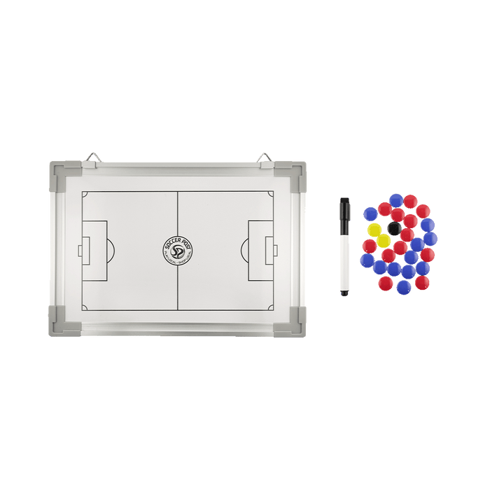 Soccer coach tactic whiteboard featuring a pitch layout, a dry-erase marker, and colorful magnetic player markers on a green background.