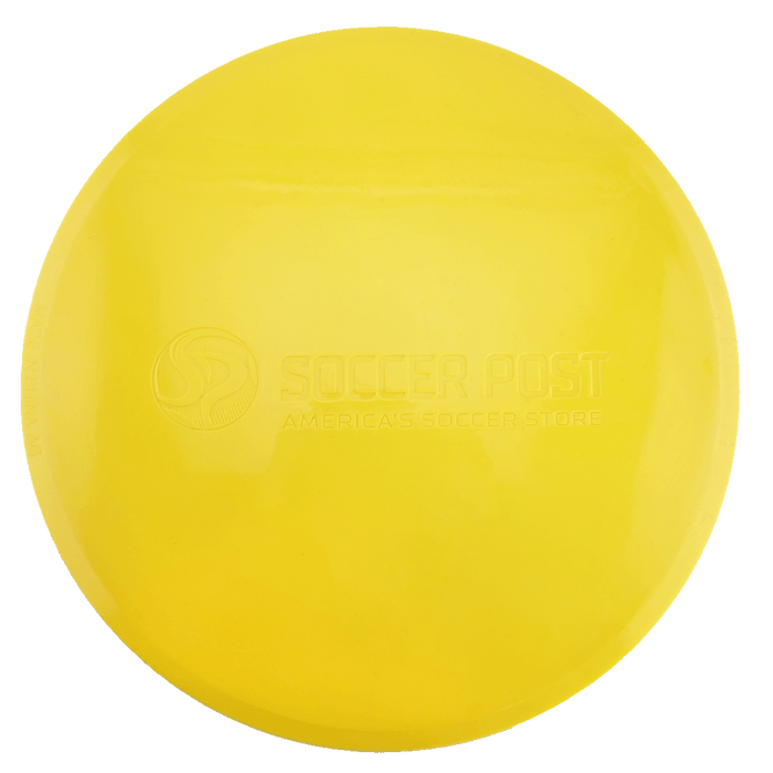 A yellow, circular soccer field marker embossed with the Soccer Post logo and the text "America's Soccer Store" in the center.